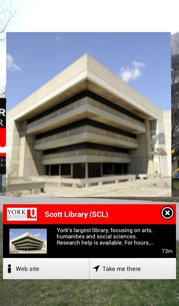 Screenshot of Layar looking at Scott Library at York University