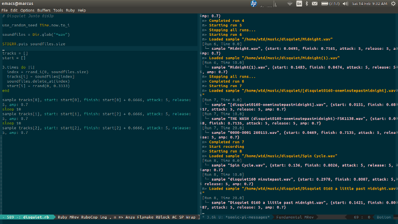 Screenshot of Emacs and Sonic Pi