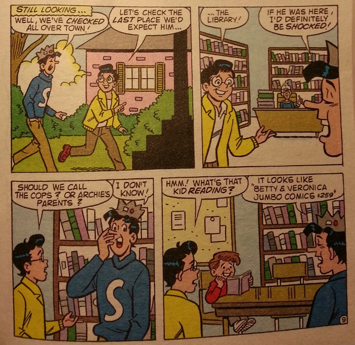 Jughead and Dilton look for Archie in the library.