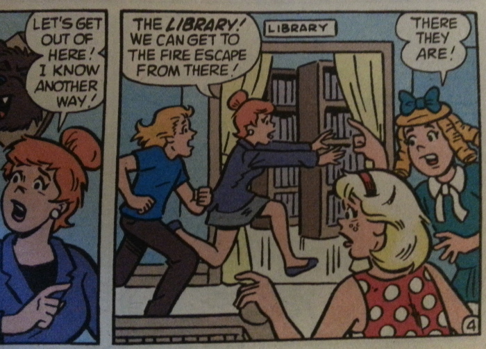 Running through the library.