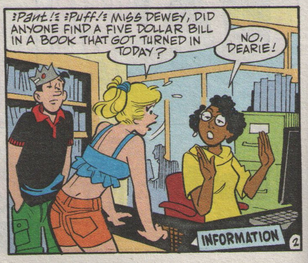 Betty talking to librarian Miss Dewey
