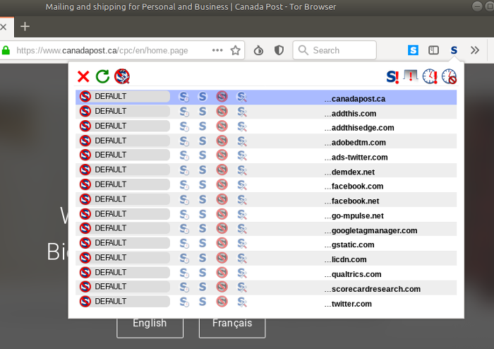 Screenshot listing Canada Post web trackers