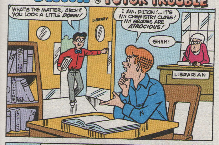 Mean old librarian shushes Archie and Dilton