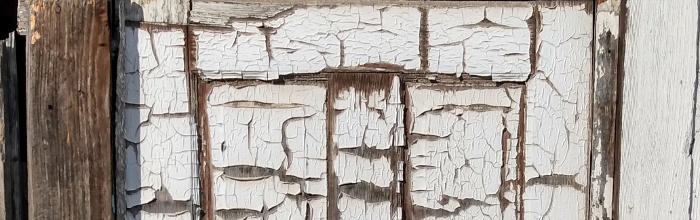 Divider image of peeling paint on an old door
