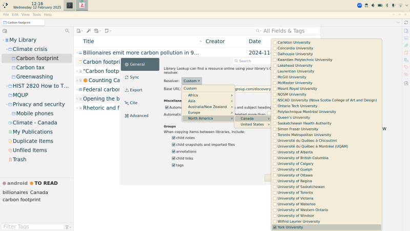 Screenshot of Zotero, with some collections along the left, showing the Settings > General > Library Lookup configuration being acted on. Resolver is broken down by continent, and North America is Canada and United States.  Under Canada is a long list of Canadian universities.